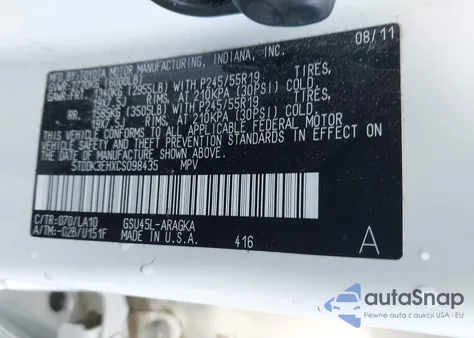 2012 Toyota Highlander Limited V6 z USA, uszkodzony, nr VIN 5TDDK3EHXCS098435